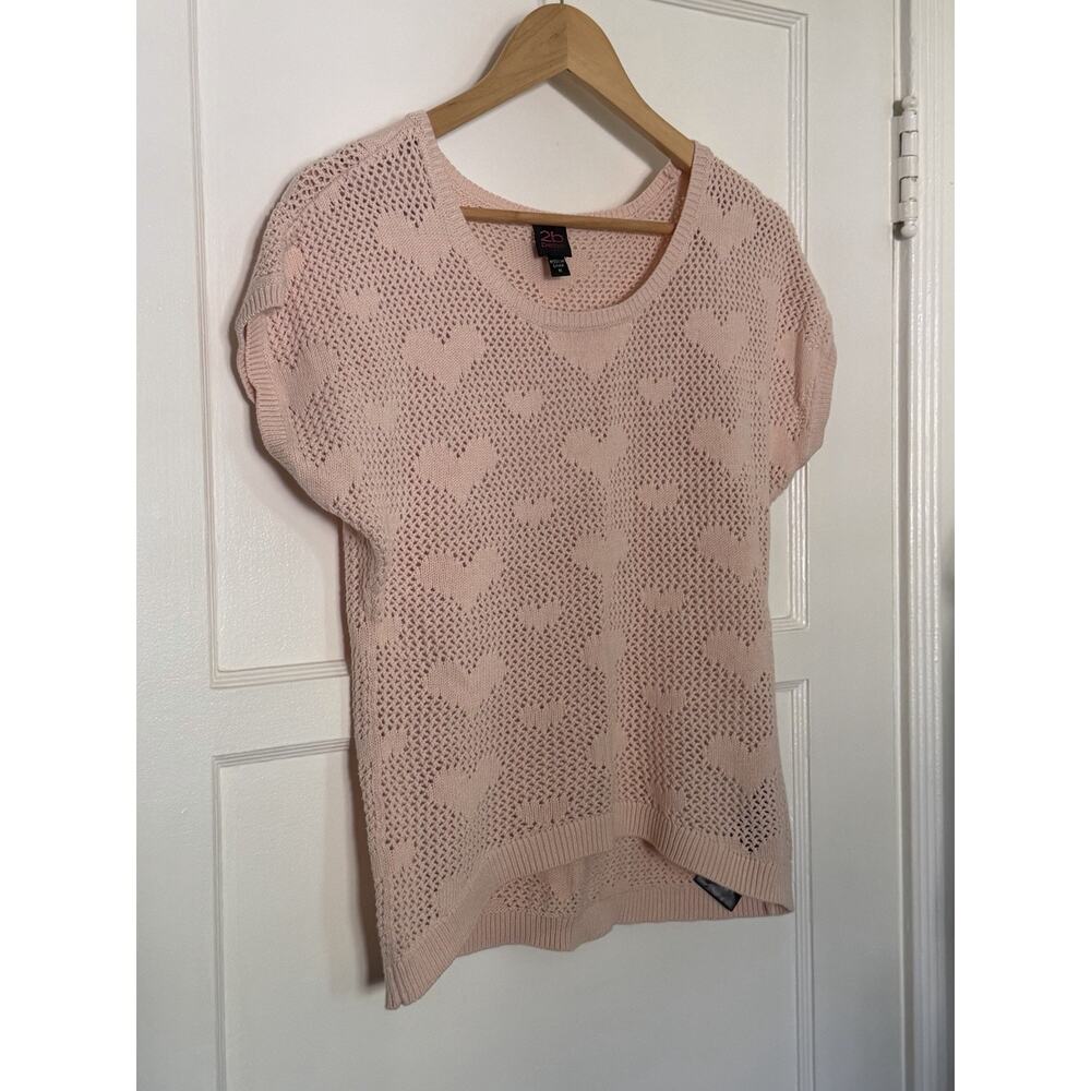 2B Bebe Vintage Y2K Crochet Short Sleeve Baby Pink Heart‎ Layer Top Soft Girl M
